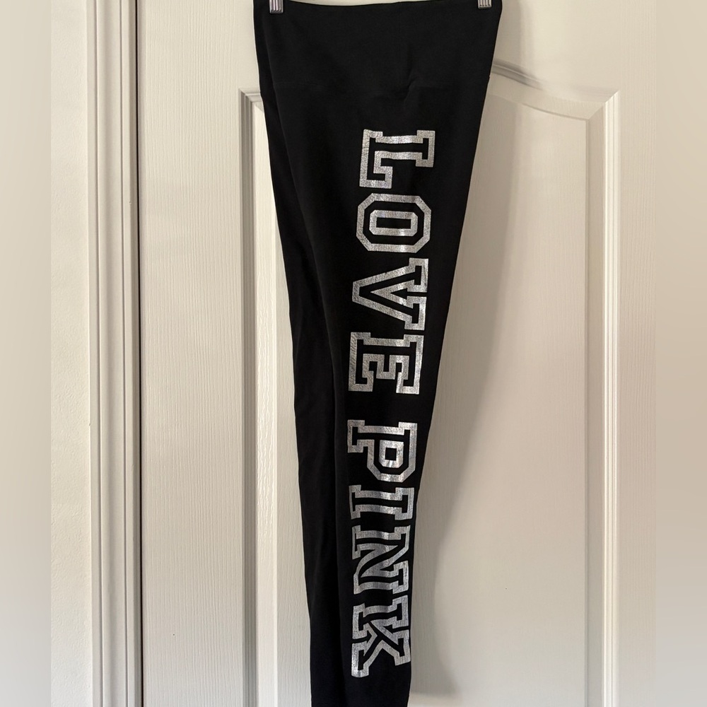 PINK Victoria's Secret Black Leggings with Silver Love Pink Lettering